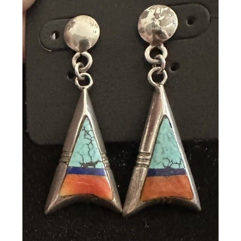 Native American Orange Spiney Oyster Turquoise Lapis Sterling Silver Earrings